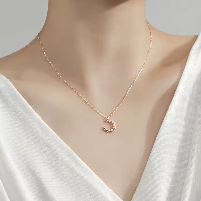 Sterling Silver Rose Gold Plated CZ Moon Necklace