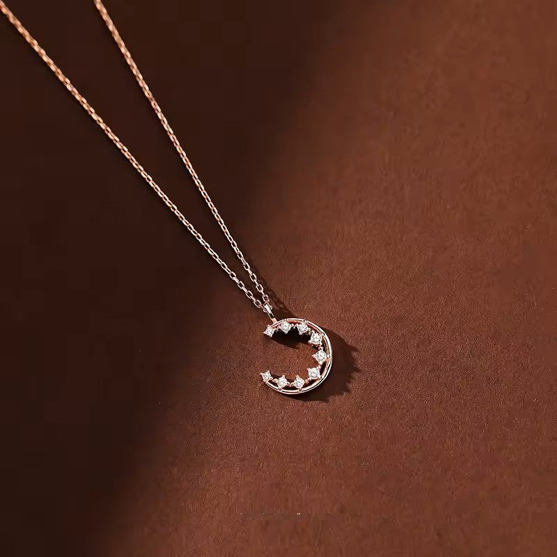 Sterling Silver Rose Gold Plated CZ Moon Necklace