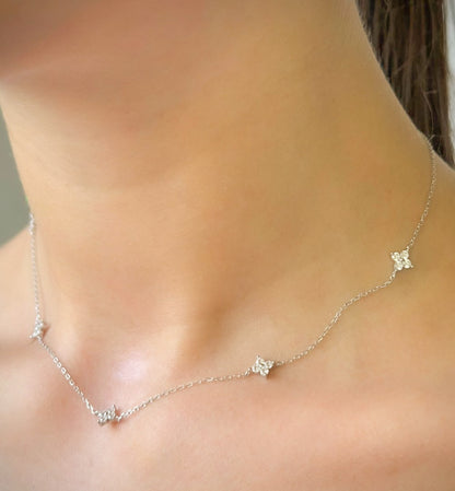 Sterling Silver Rhodium Plated CZ Flower Necklace