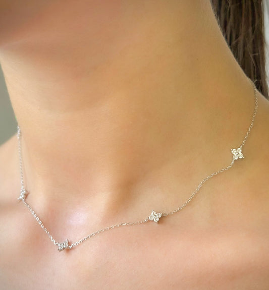 Sterling Silver Rhodium Plated CZ Flower Necklace