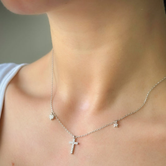 Sterling Silver Rhodium Plated CZ Cross Necklace