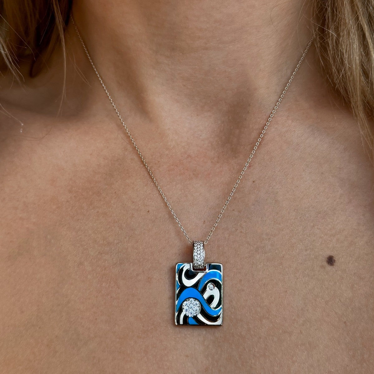 Sterling Silver Rhodium Plated Enamel Necklace