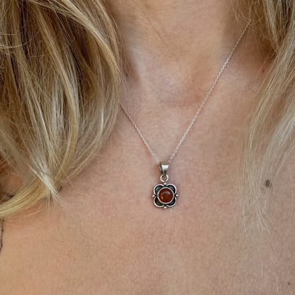 Sterling Silver Carnelian Flower Pendant Necklace