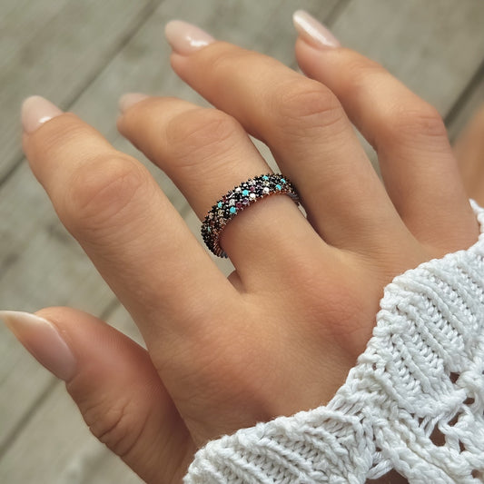 Sterling Silver Rhodium Plated Three Row CZ Band Ring