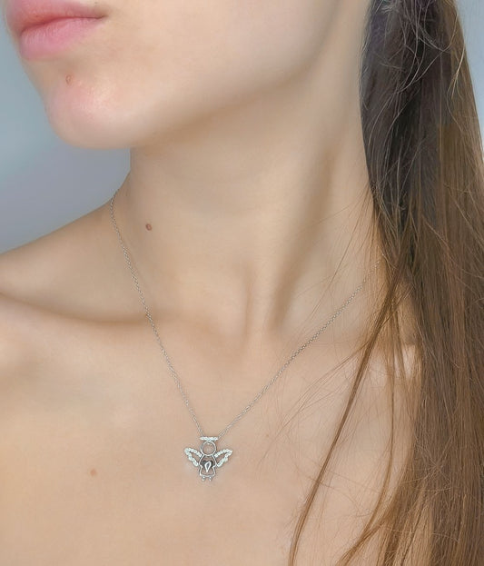 Sterling Silver Rhodium Plated CZ Angel Necklace