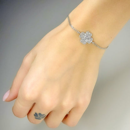 Sterling Silver Rhodium Plated CZ Clover Bracelet