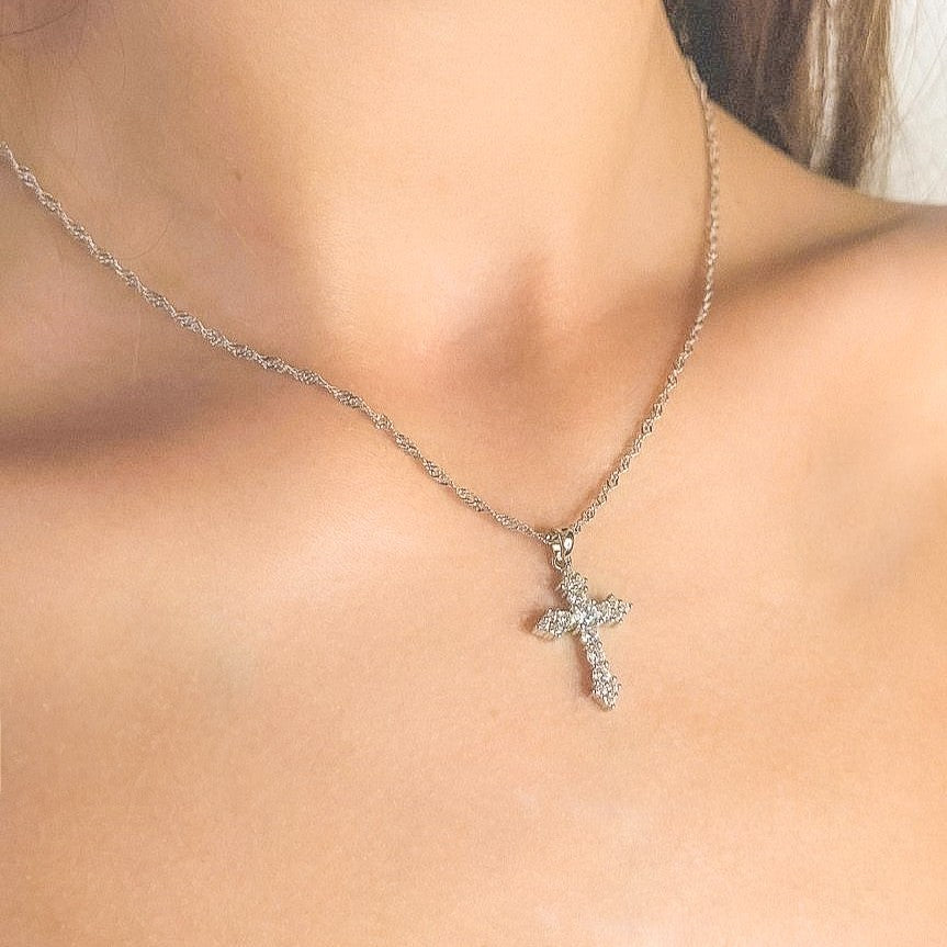 Sterling Silver Rhodium Plated CZ Cross Pendant Necklace