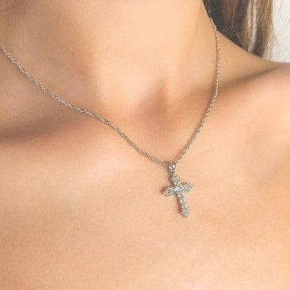 Sterling Silver Rhodium Plated CZ Cross Pendant Necklace