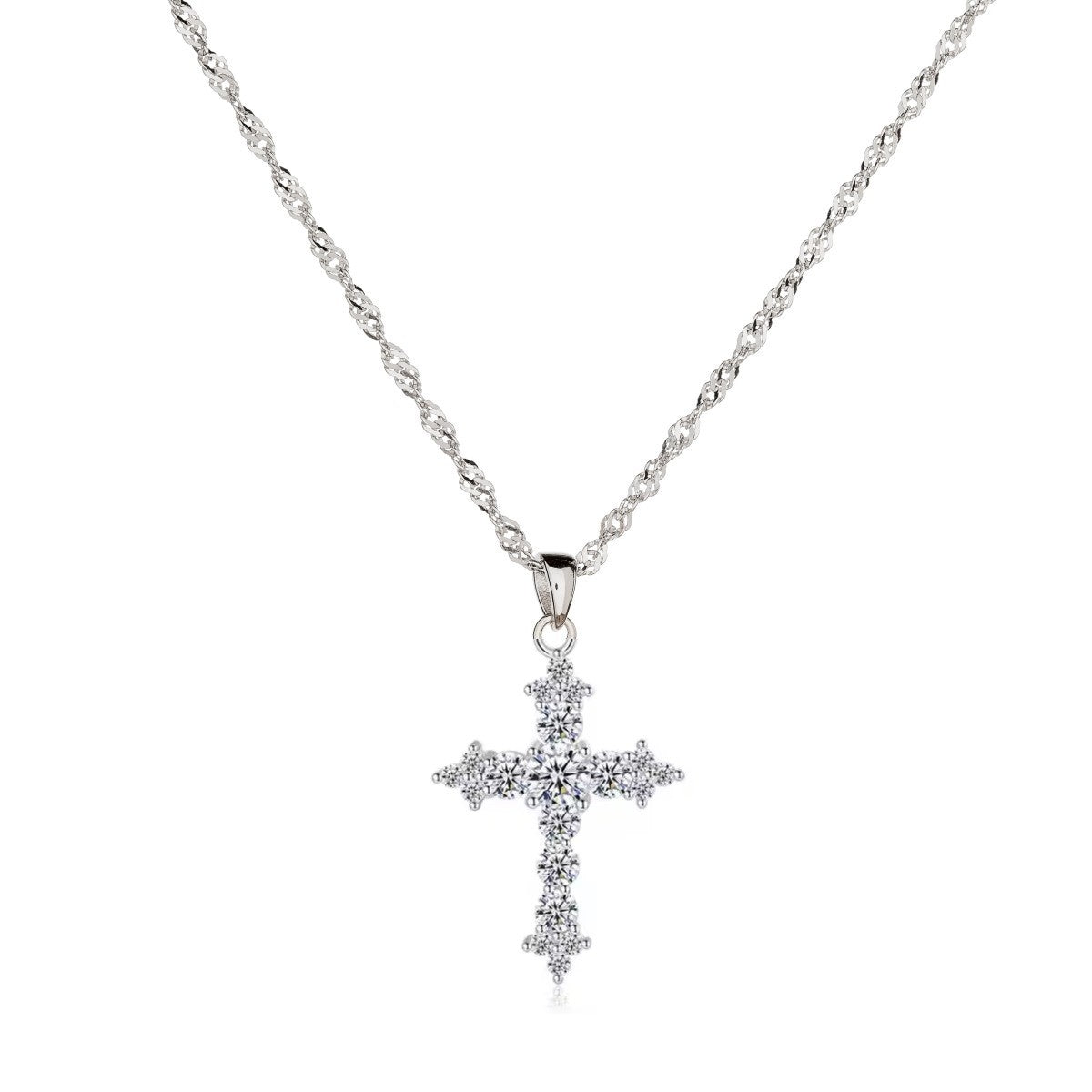 Sterling Silver Rhodium Plated CZ Cross Pendant Necklace