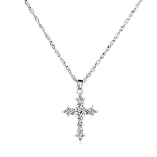 Sterling Silver Rhodium Plated CZ Cross Pendant Necklace
