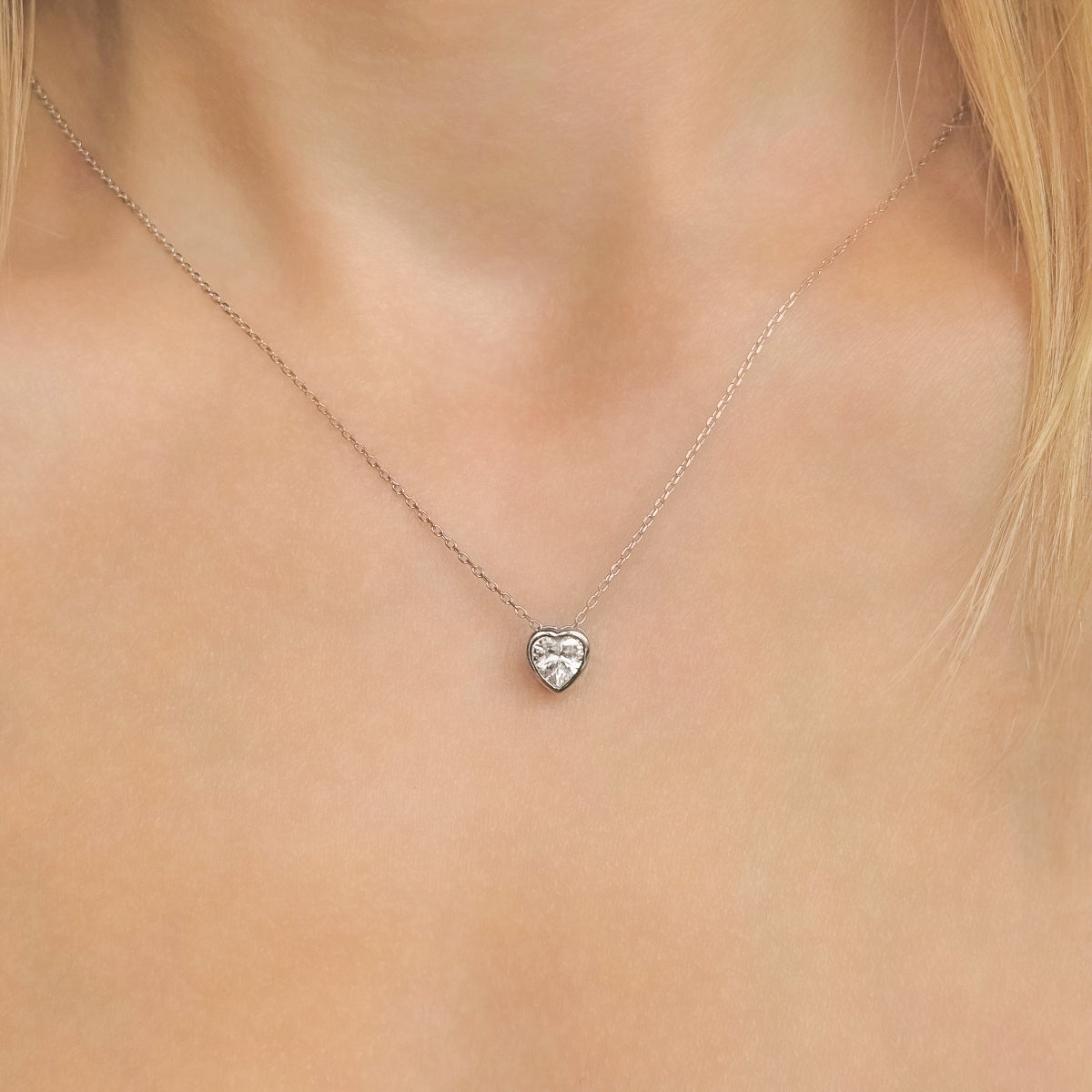 Sterling Silver Rhodium Plated CZ Heart Necklace
