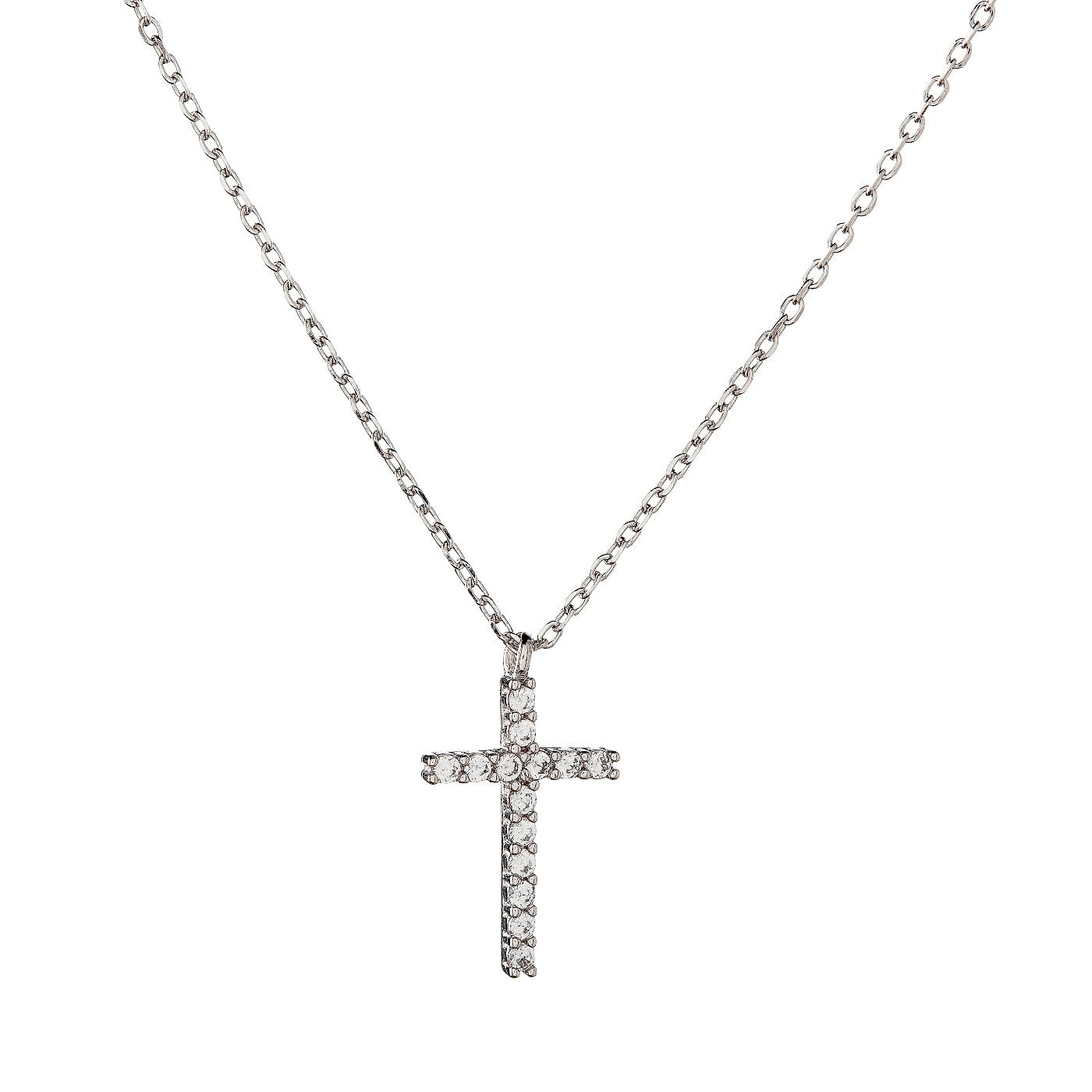 Sterling Silver Rhodium Plated CZ Cross Necklace