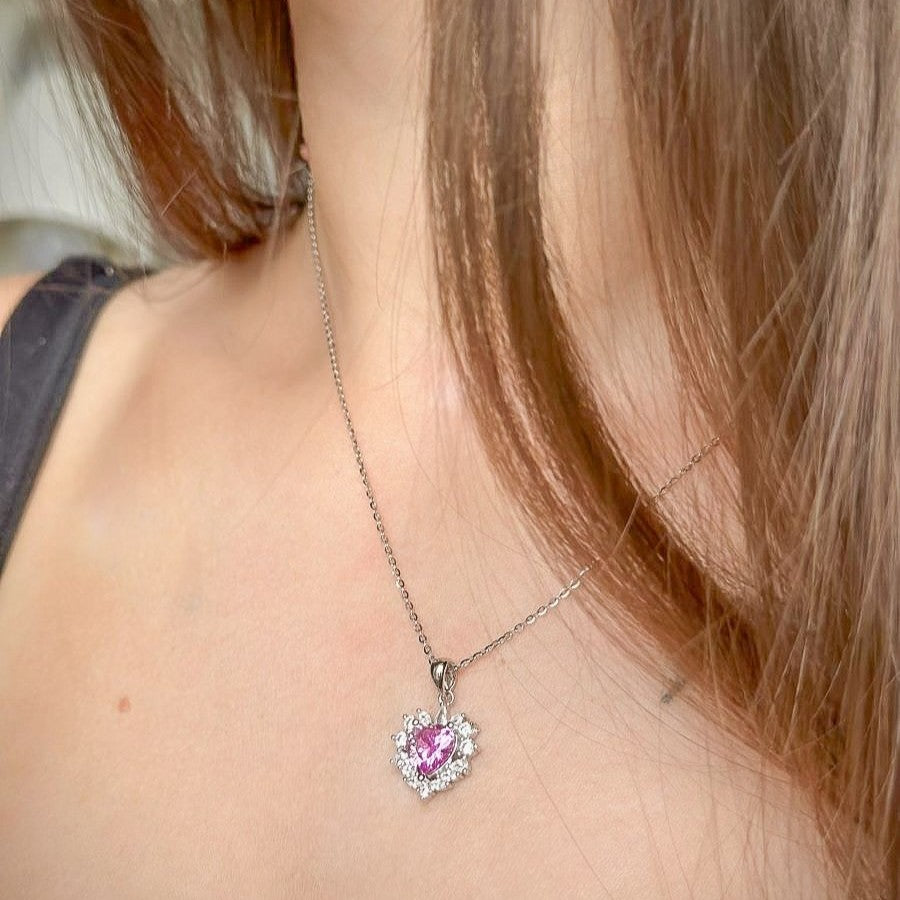 Sterling Silver Rhodium Plated CZ Heart Necklace