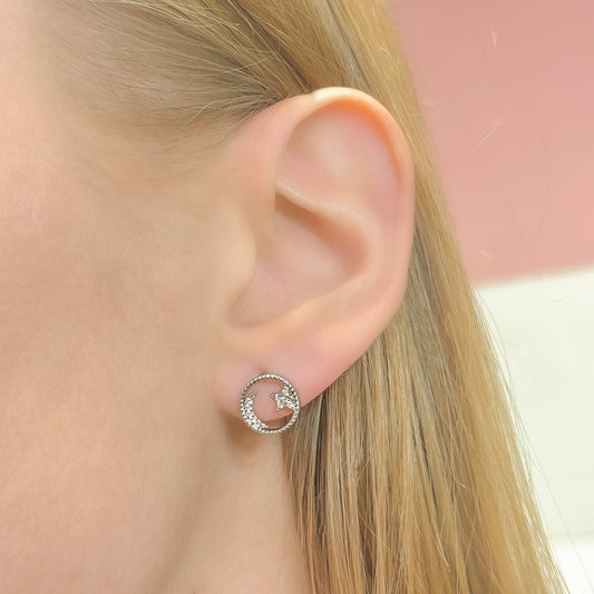 Sterling Silver Rhodium Plated CZ Star and Moon Studs