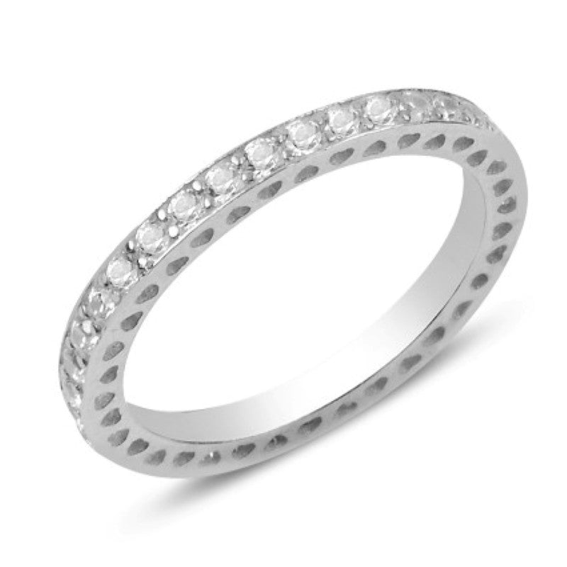 Sterling Silver Rhodium Plated CZ & Hearts on the side Ring