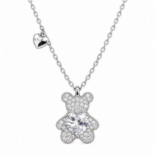 Sterling Silver Rhodium Plated CZ Teddy Bear Necklace