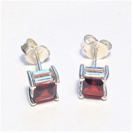 Sterling Silver Square Garnet Studs
