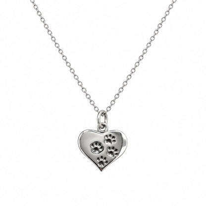 Sterling Silver Four Paw Printed Heart Pendant Necklace