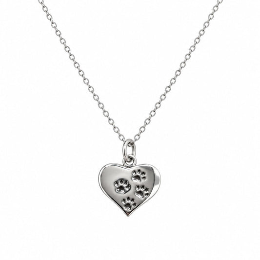 Sterling Silver Four Paw Printed Heart Pendant Necklace