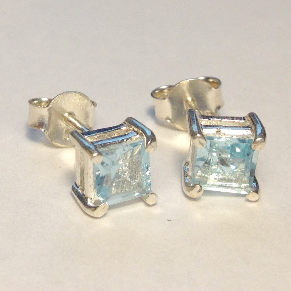 Sterling Silver Square Blue Topaz Studs