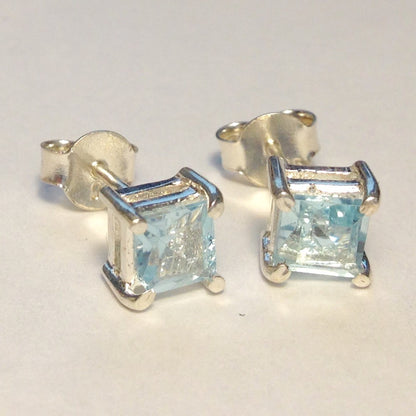 Sterling Silver Square Blue Topaz Studs