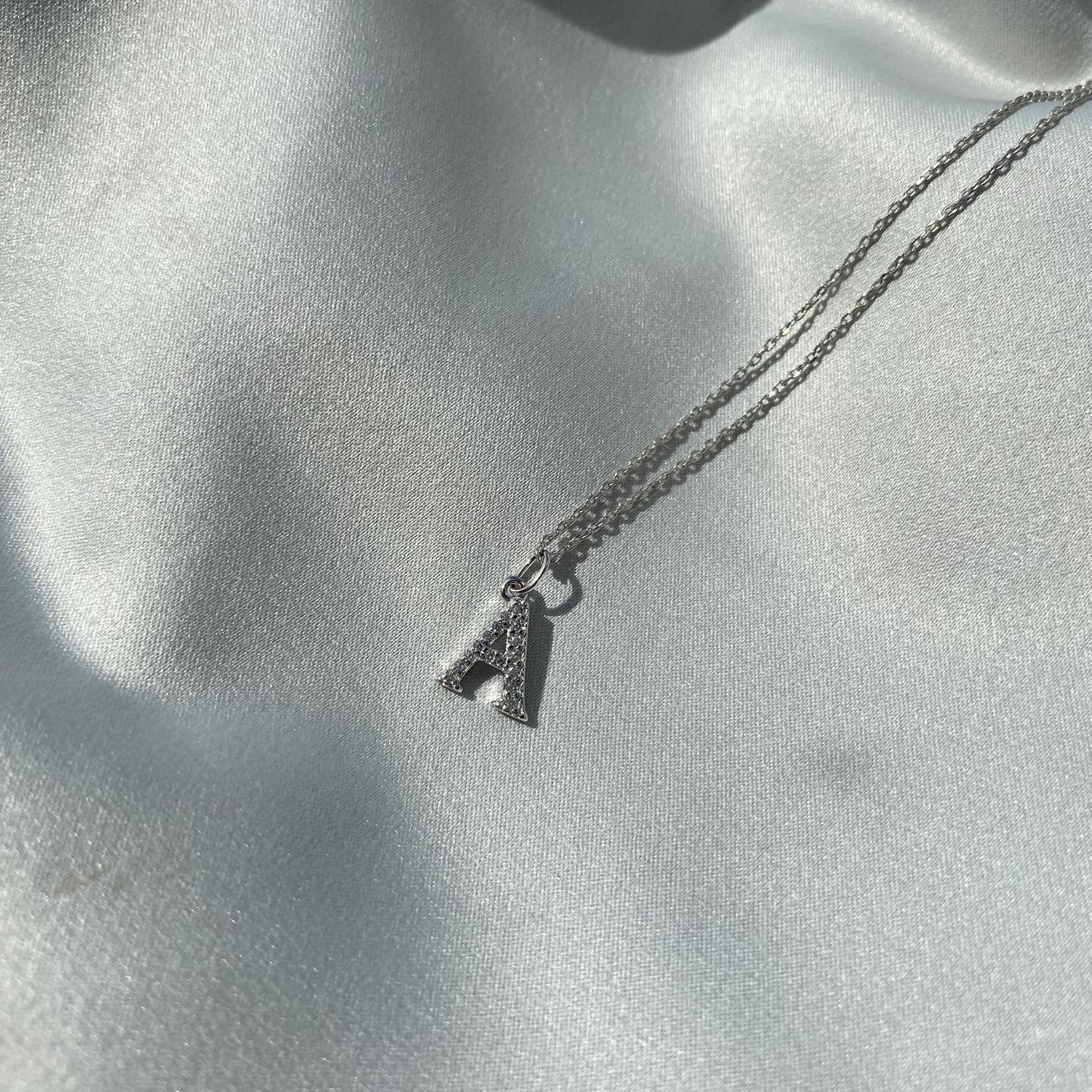 Sterling Silver Rhodium Plated CZ Letter Necklace