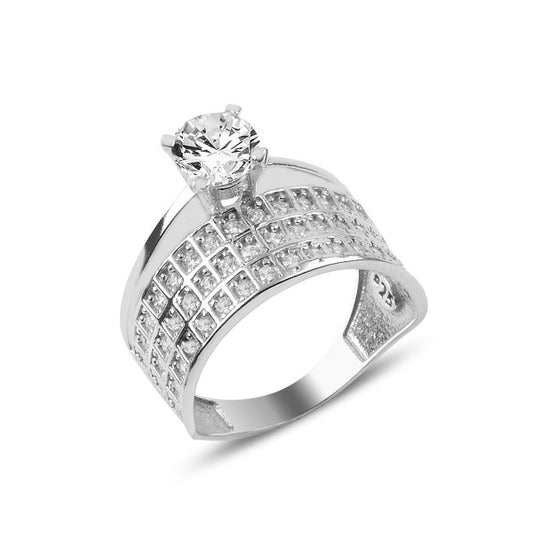 Sterling Silver Rhodium Plated Three Row CZ Band Ring