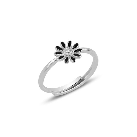 Sterling Silver Rhodium Plated Enamel Flower Ring