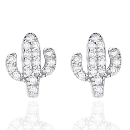 Sterling Silver Rhodium Plated CZ Cactus Studs
