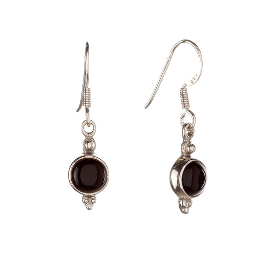 Sterling Silver Round Black Onyx Drop Earrings