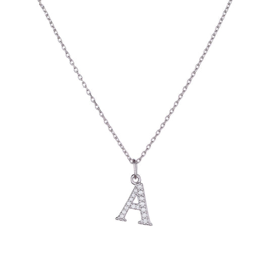 Sterling Silver Rhodium Plated CZ Letter Necklace