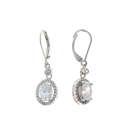 Sidabriniai rodžiuoti kabantys auskarai su ovaliu cirkoniu