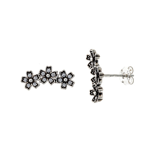 Sterling Silver Rhodium Plated CZ Studs "Flowers"