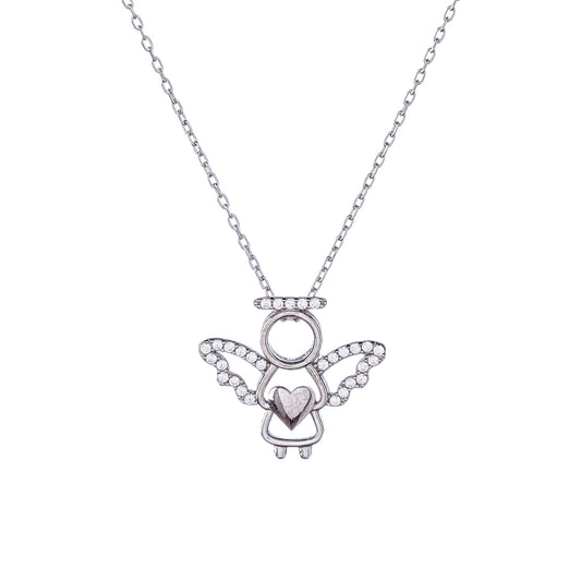 Sterling Silver Rhodium Plated CZ Angel Necklace