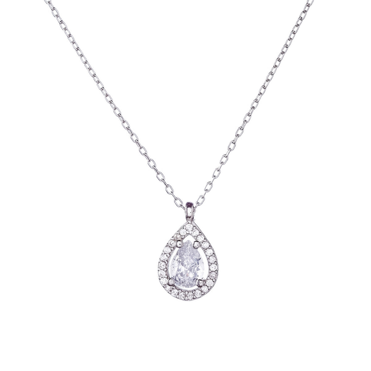 Sterling Silver Rhodium Plated Teardrop CZ Necklace