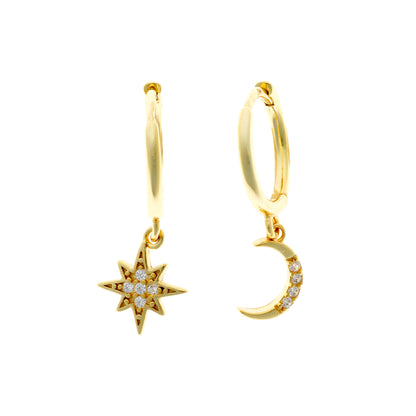 Sterling Silver Gold Plated Hoops with Star & Moon Charms