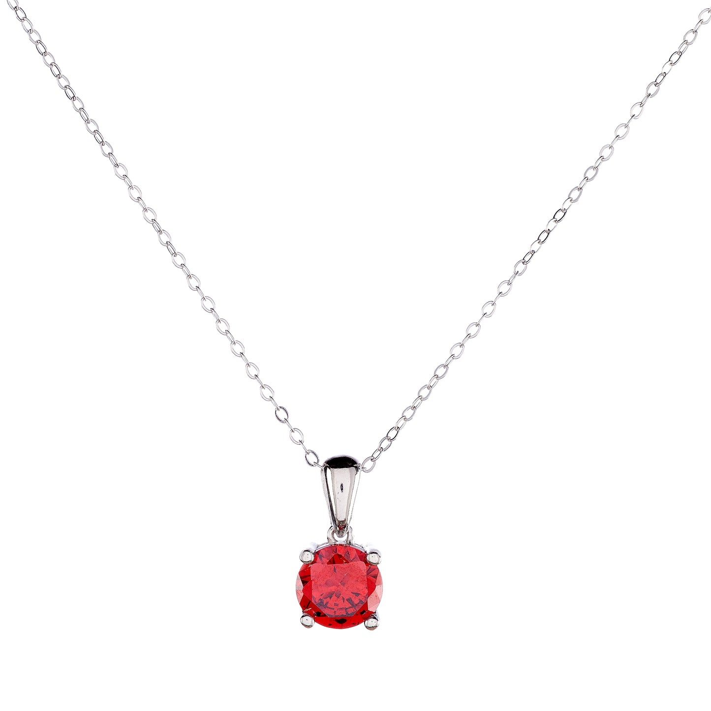 Sterling Silver Rhodium Plated Red CZ Pendant Necklace