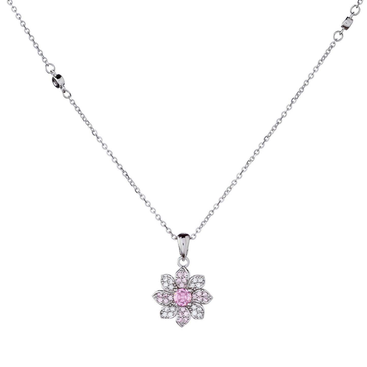 Sidabrinis rodžiuotas pakabukas "Gėlytė" su rožiniu cirkoniu ir grandinėle