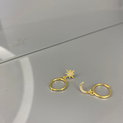 Sterling Silver Gold Plated Hoops with Star & Moon Charms