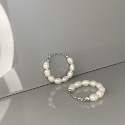 Sterling Silver Rhodium Plated Pearl Hoops