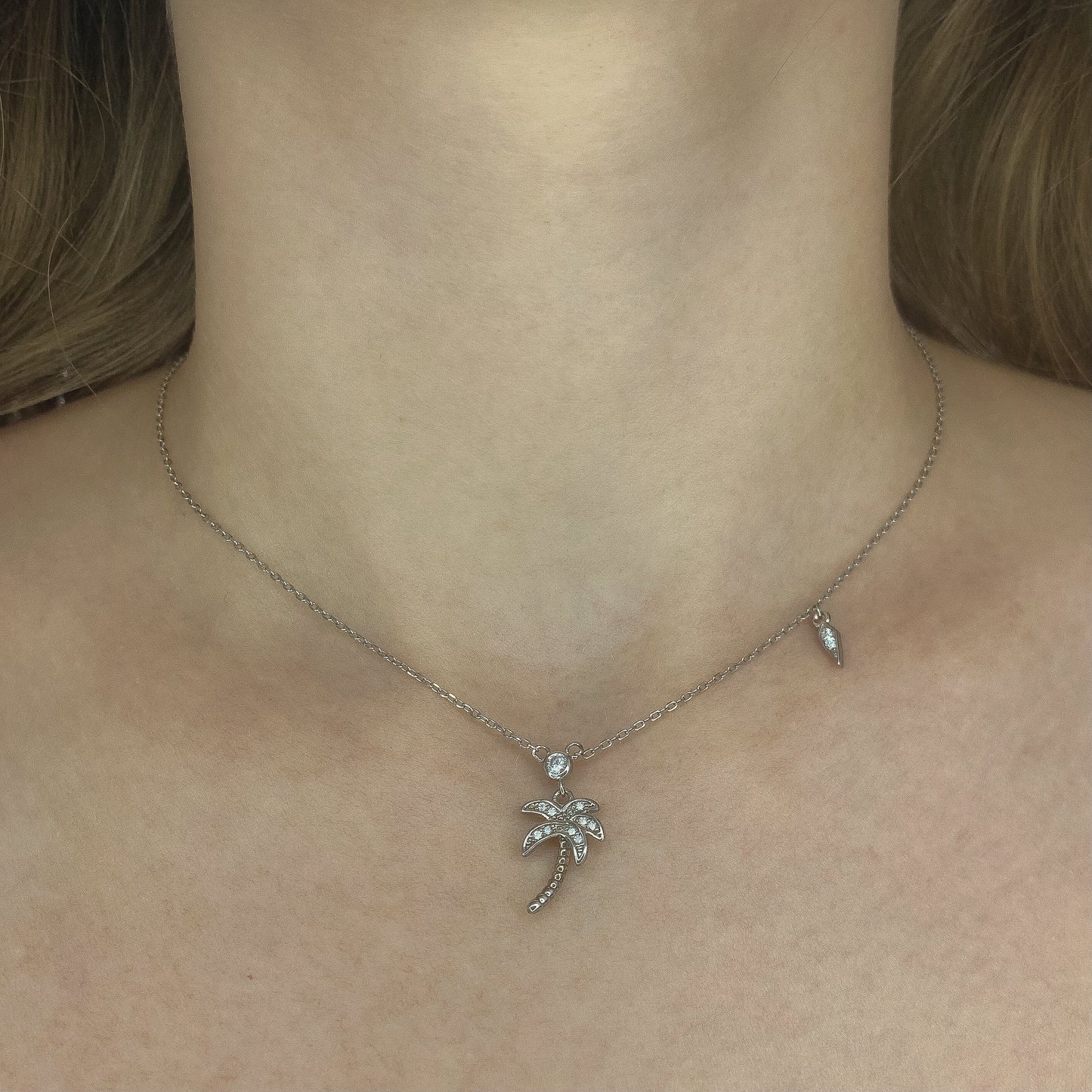 Sterling Silver Rhodium Plated CZ Palm Necklace