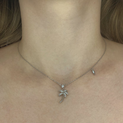 Sterling Silver Rhodium Plated CZ Palm Necklace