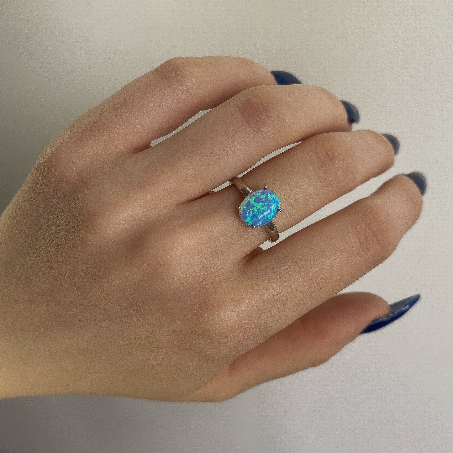 Sterling Silver Rhodium Plated Synthetic Opal Ring