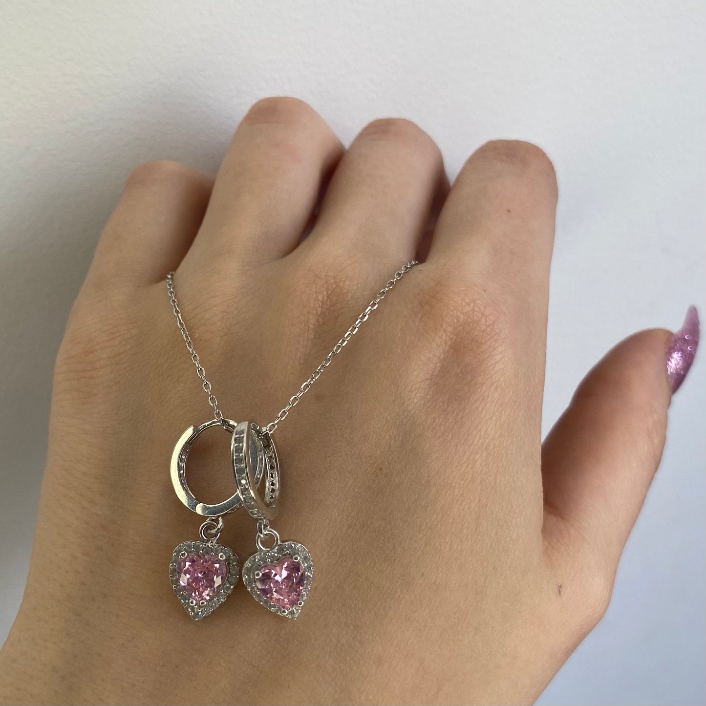 Sterling Silver Rhodium Plated Hoops with Heart Charms