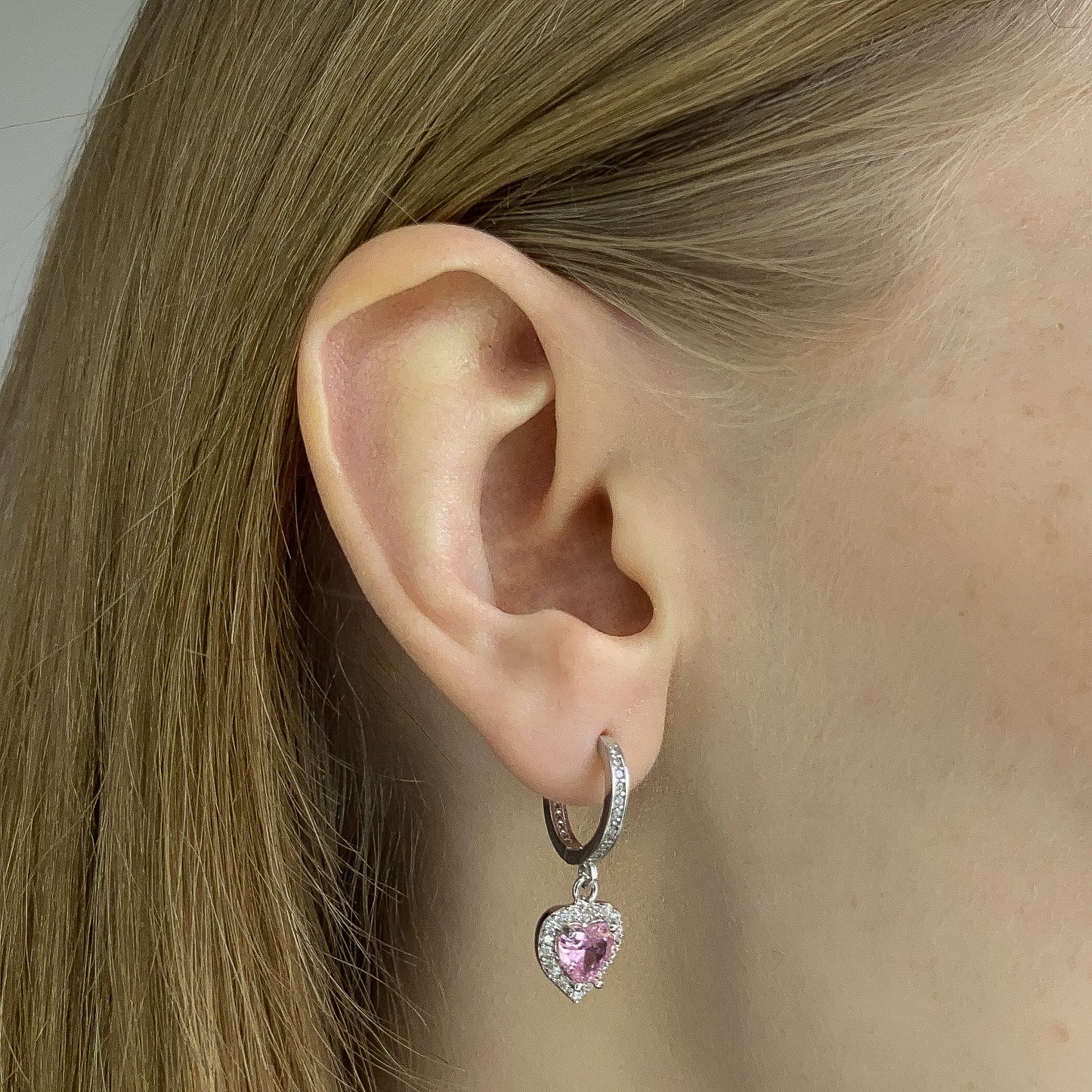 Sterling Silver Rhodium Plated Hoops with Heart Charms