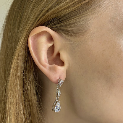 Sterling Silver Rhodium Plated CZ Drop Earrings