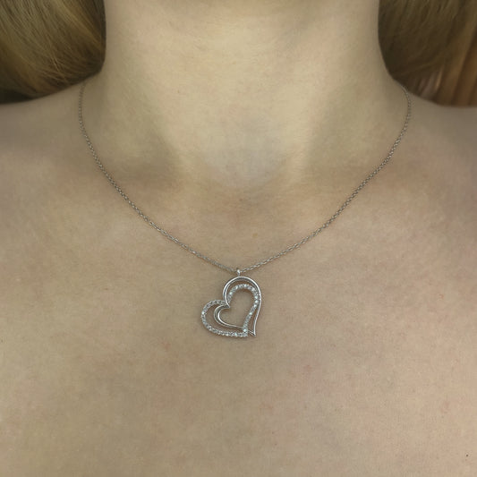Sterling Silver Rhodium Plated CZ Heart Necklace