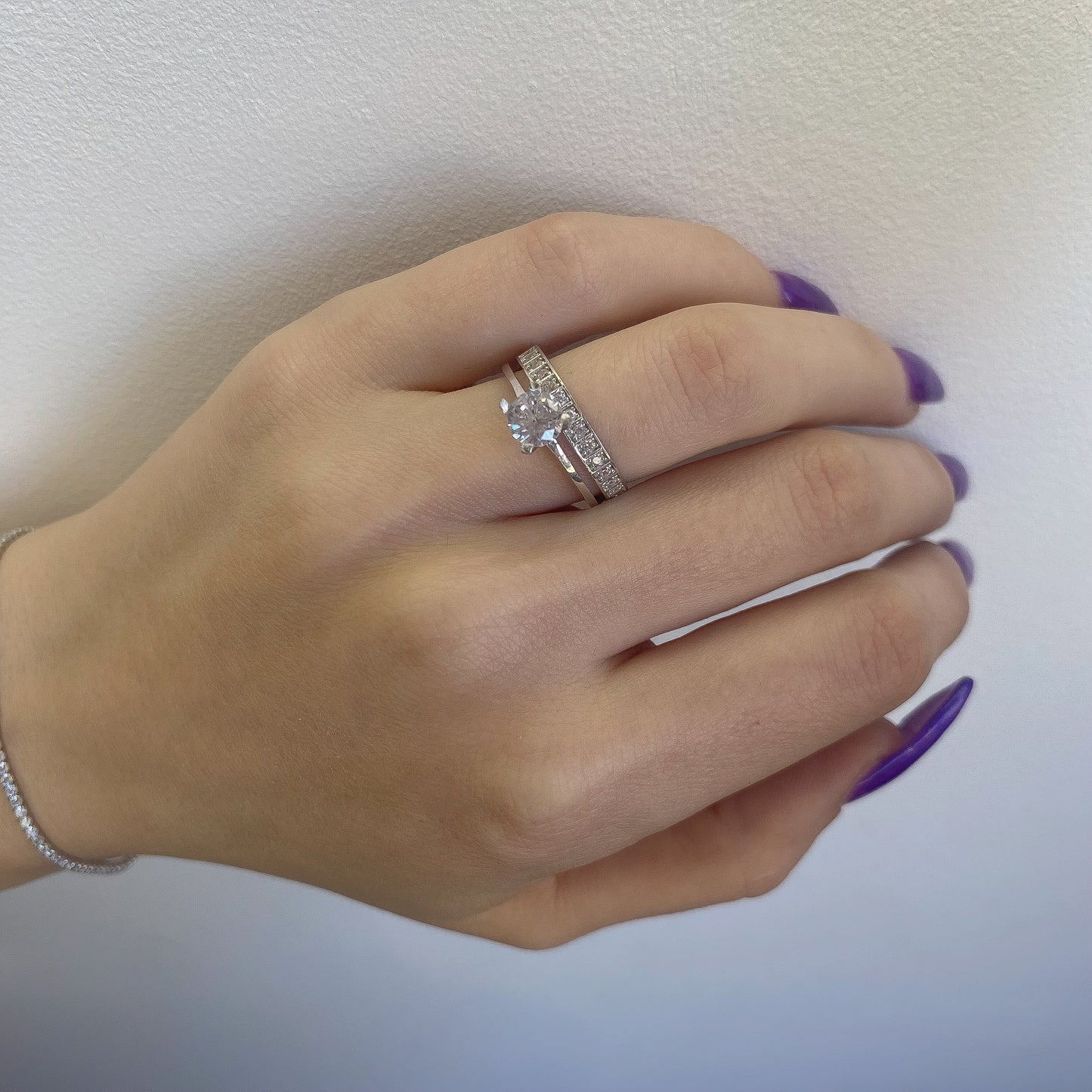 Sterling Silver Rhodium Plated CZ Double Band Ring