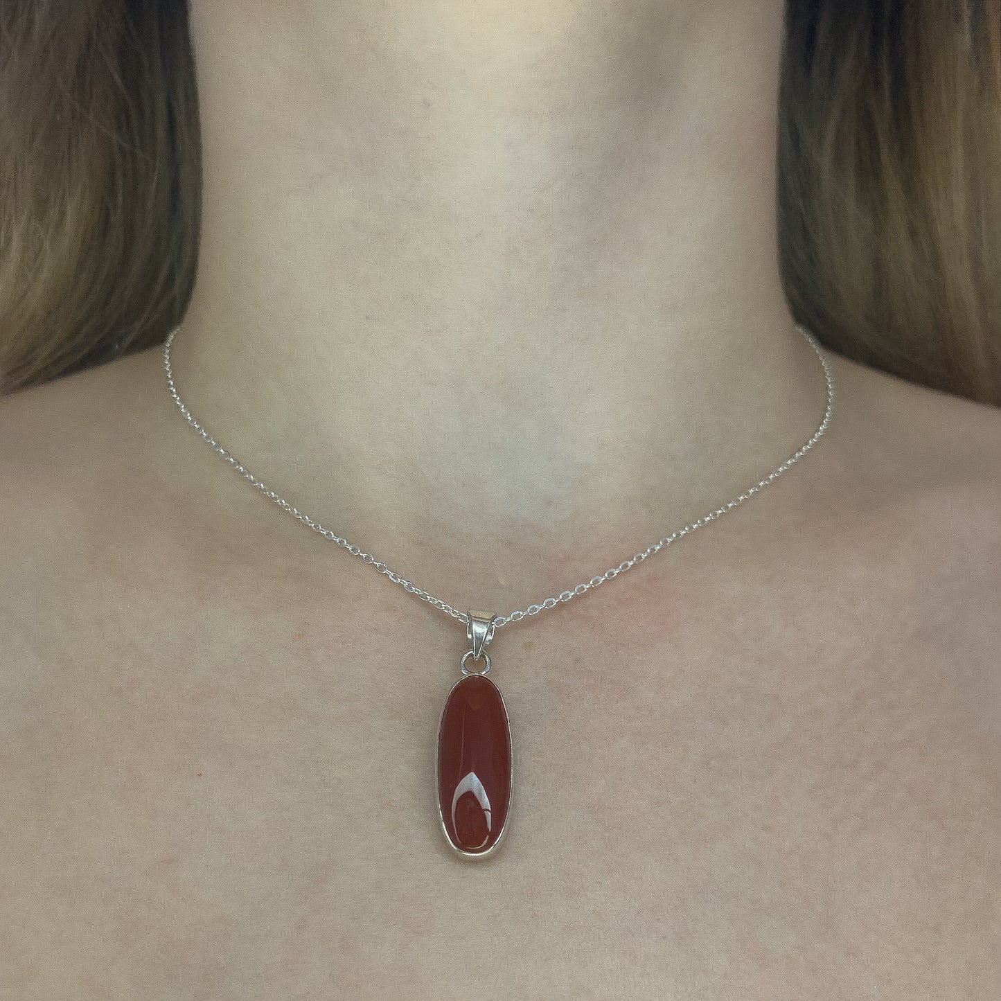 Sterling Silver Oval Carnelian Pendant Necklace