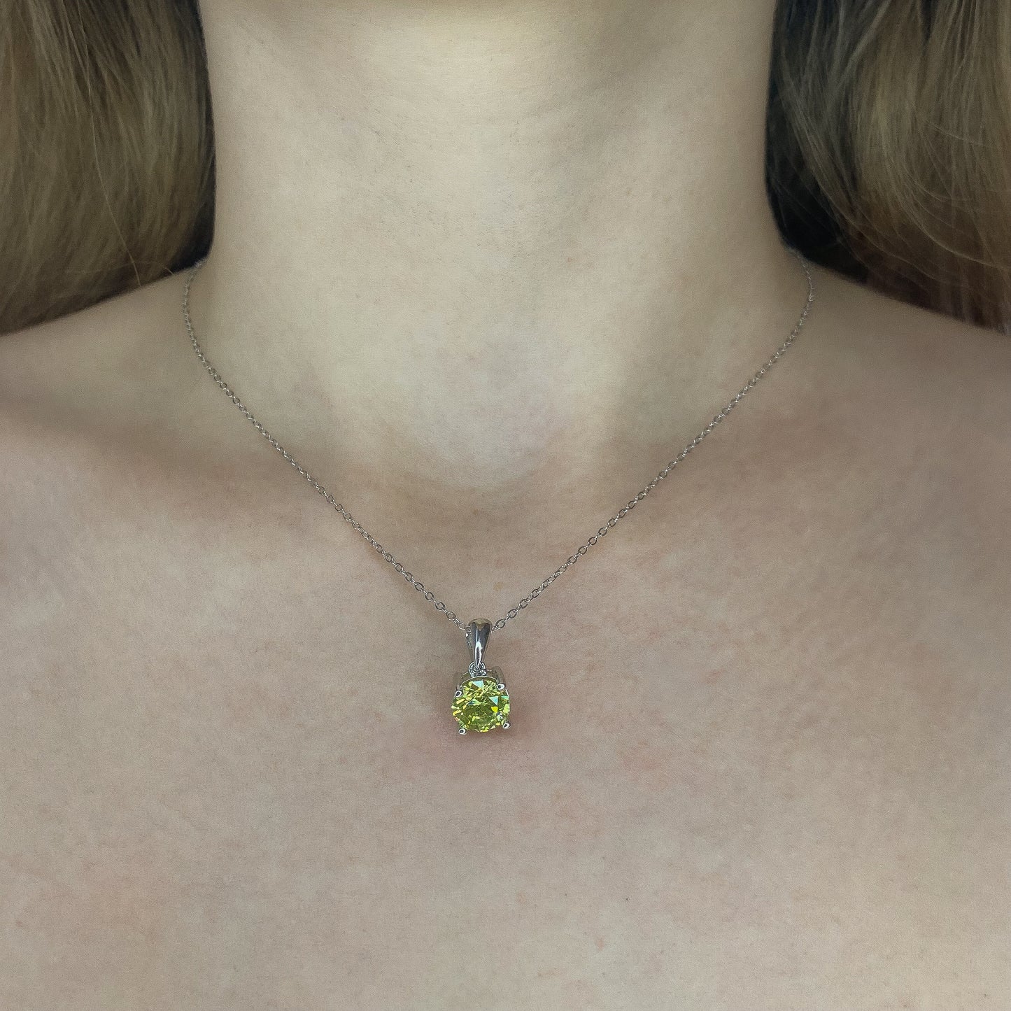 Sterling Silver Rhodium Plated Green CZ Pendant Necklace